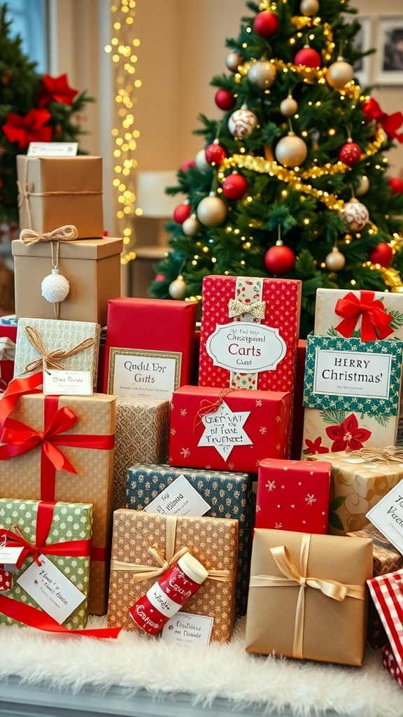 A collection of unique Christmas gifts including personalized items and handmade crafts, arranged with festive decorations.